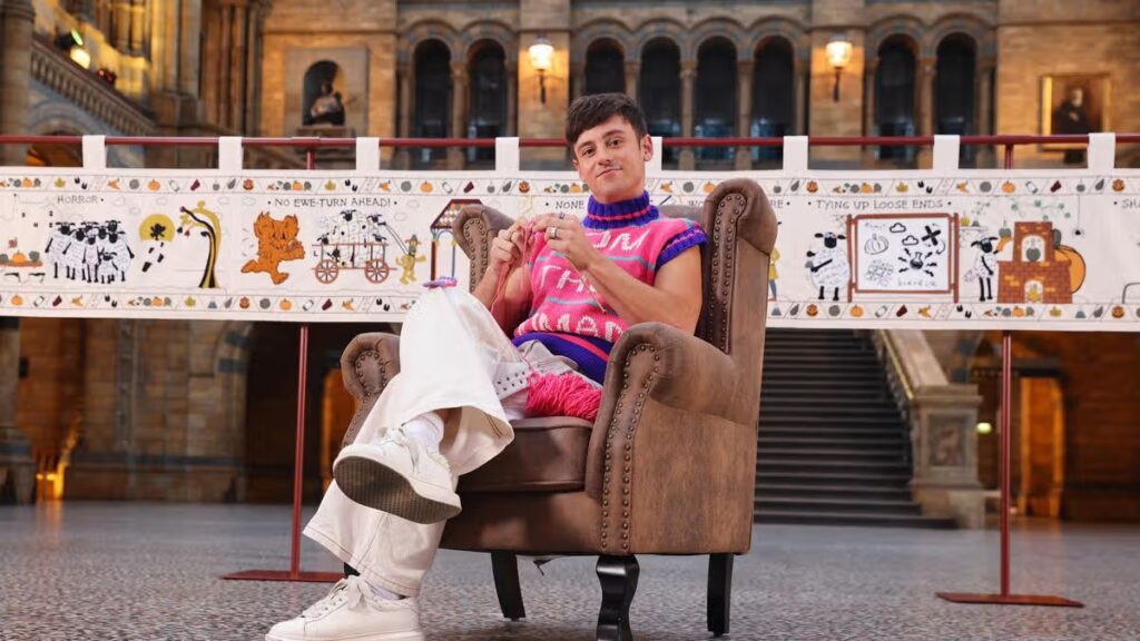 Tom Daley unveils 22-foot Shaun the Sheep tapestry – and adds his own stitches