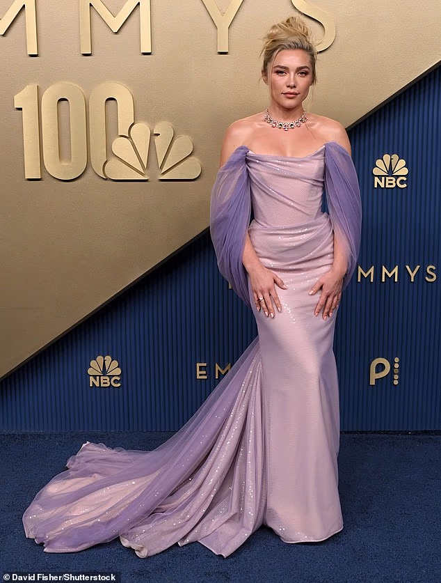 Florence Pugh looks glamorous in a lilac gown as she joins first time nominee Carey Mulligan and James Bond hopeful Jack Lowden in leading the British arrivals at the Emmy Awards