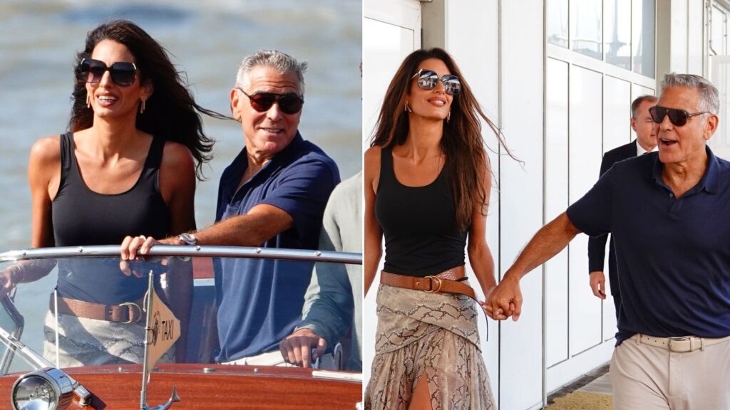Amal Clooney Pairs Wedge Sandals With a Sheer Snakeskin Skirt