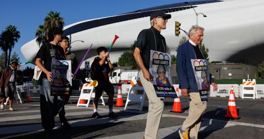Fair Games Coalition protests Lucas Museum ahead of the Olympics